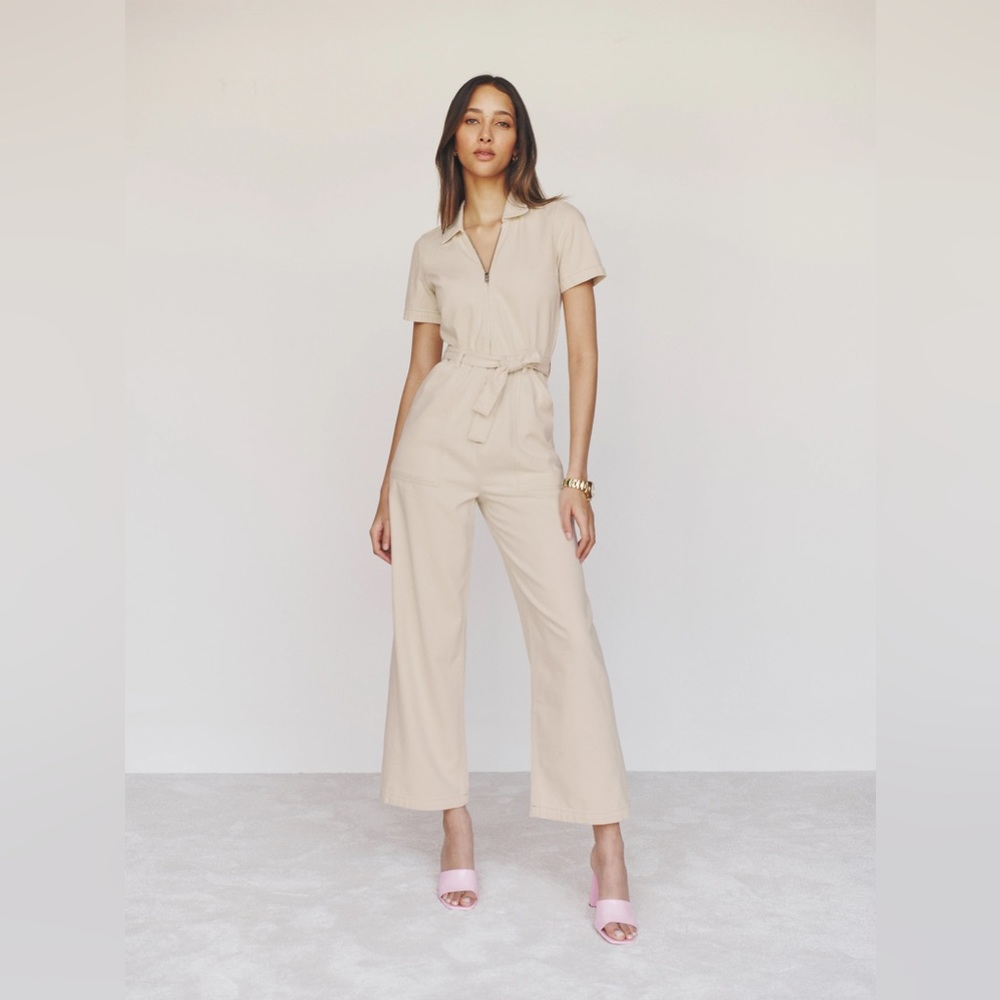 NWT Reformation Cassidy Denim Jumpsuit - Short Sleeve Ivory White